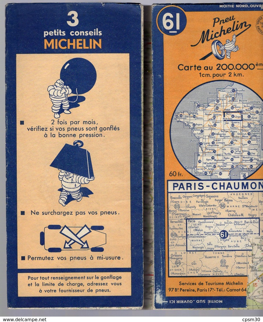 Carte Géographique MICHELIN - N° 061 PARIS - CHAUMONT 1949 - Cartes Routières