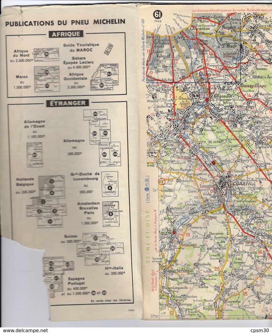 Carte Géographique MICHELIN - N° 061 PARIS - CHAUMONT 1949 - Roadmaps