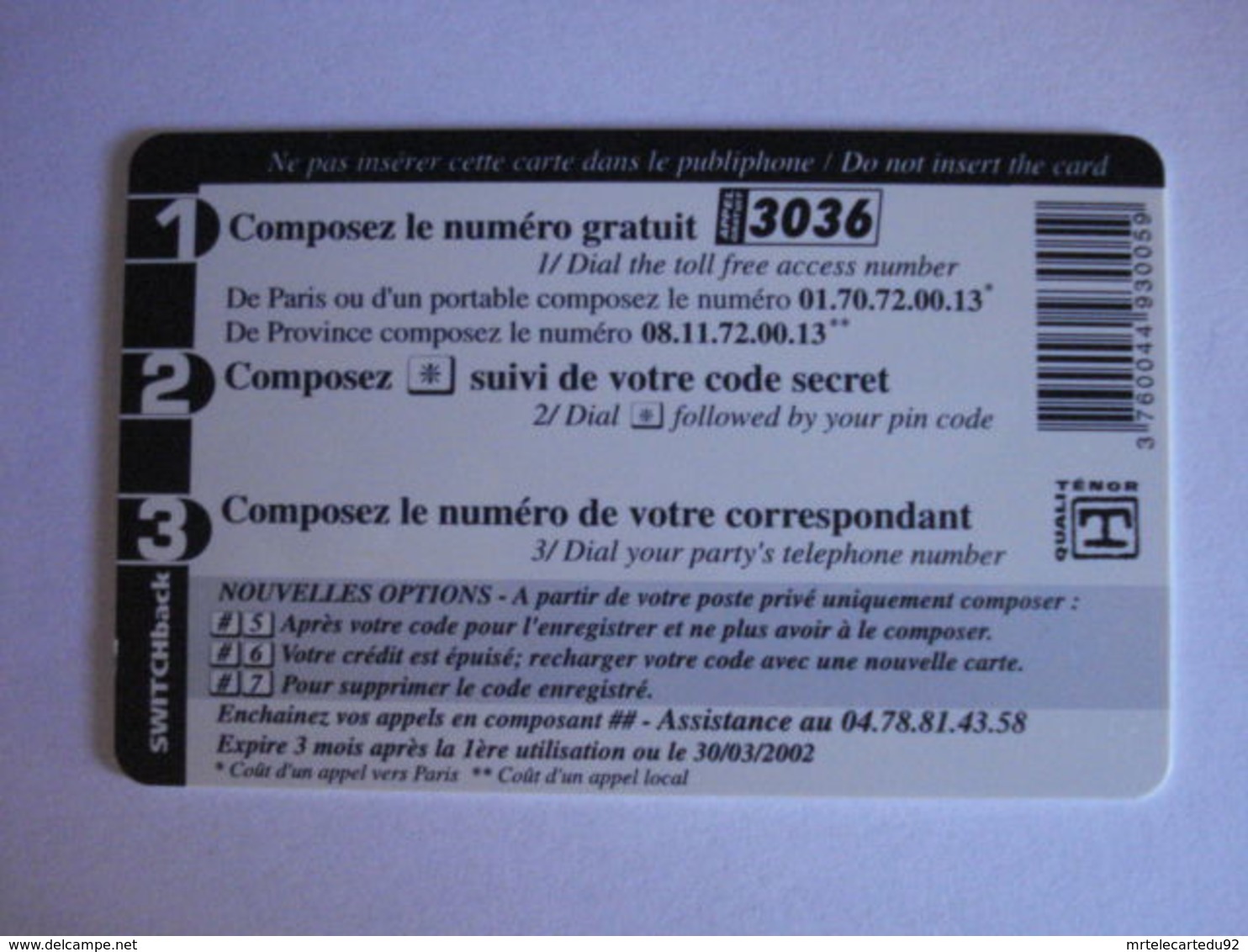 Carte Téléphonique Prépayée SWITCHback (carte D'essai Sans Code). Pas La Même Somme ! Petit Prix De Départ ! - Per Cellulari (ricariche)