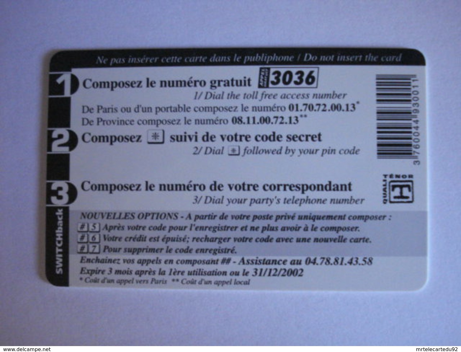 Carte Téléphonique Prépayée SWITCHback (carte D'essai Sans Code). Petit Prix De Départ ! - Per Cellulari (ricariche)