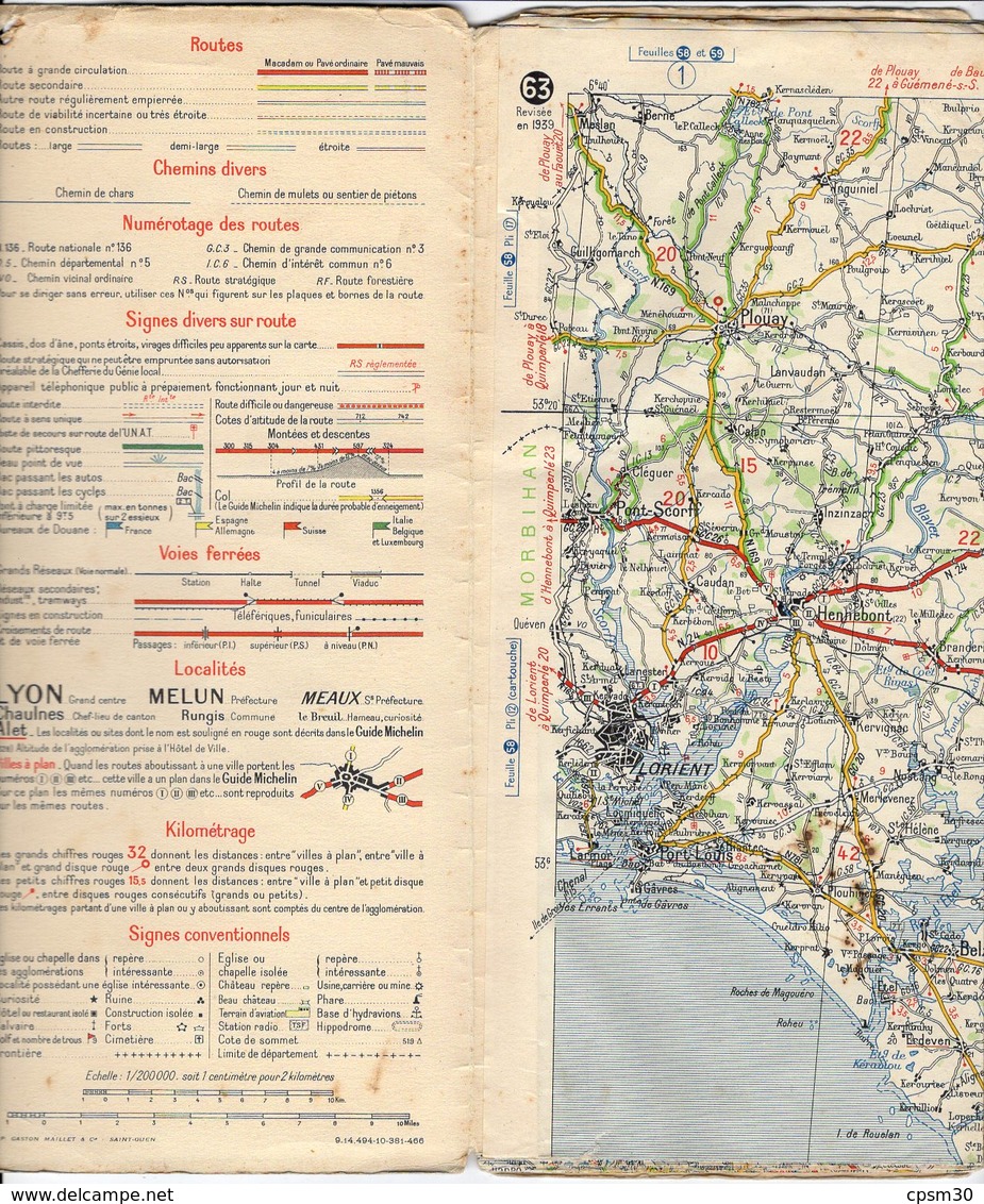Carte Géographique MICHELIN - N° 063 VANNES-ANGERS - 1939 - Cartes Routières