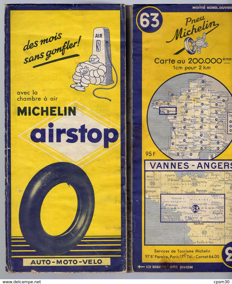 Carte Géographique MICHELIN - N° 063 VANNES - ANGERS - 1953 - Cartes Routières