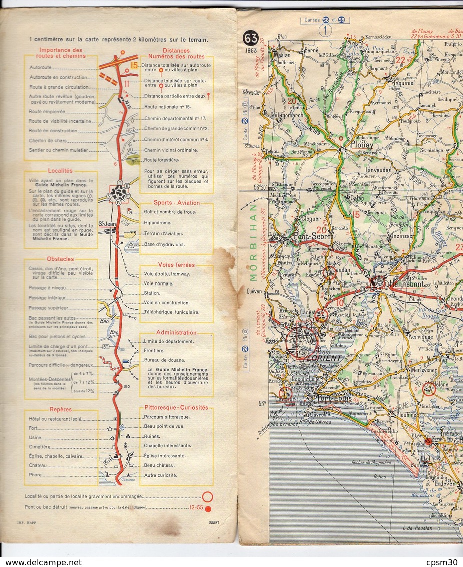 Carte Géographique MICHELIN - N° 063 VANNES - ANGERS - 1953 - Cartes Routières