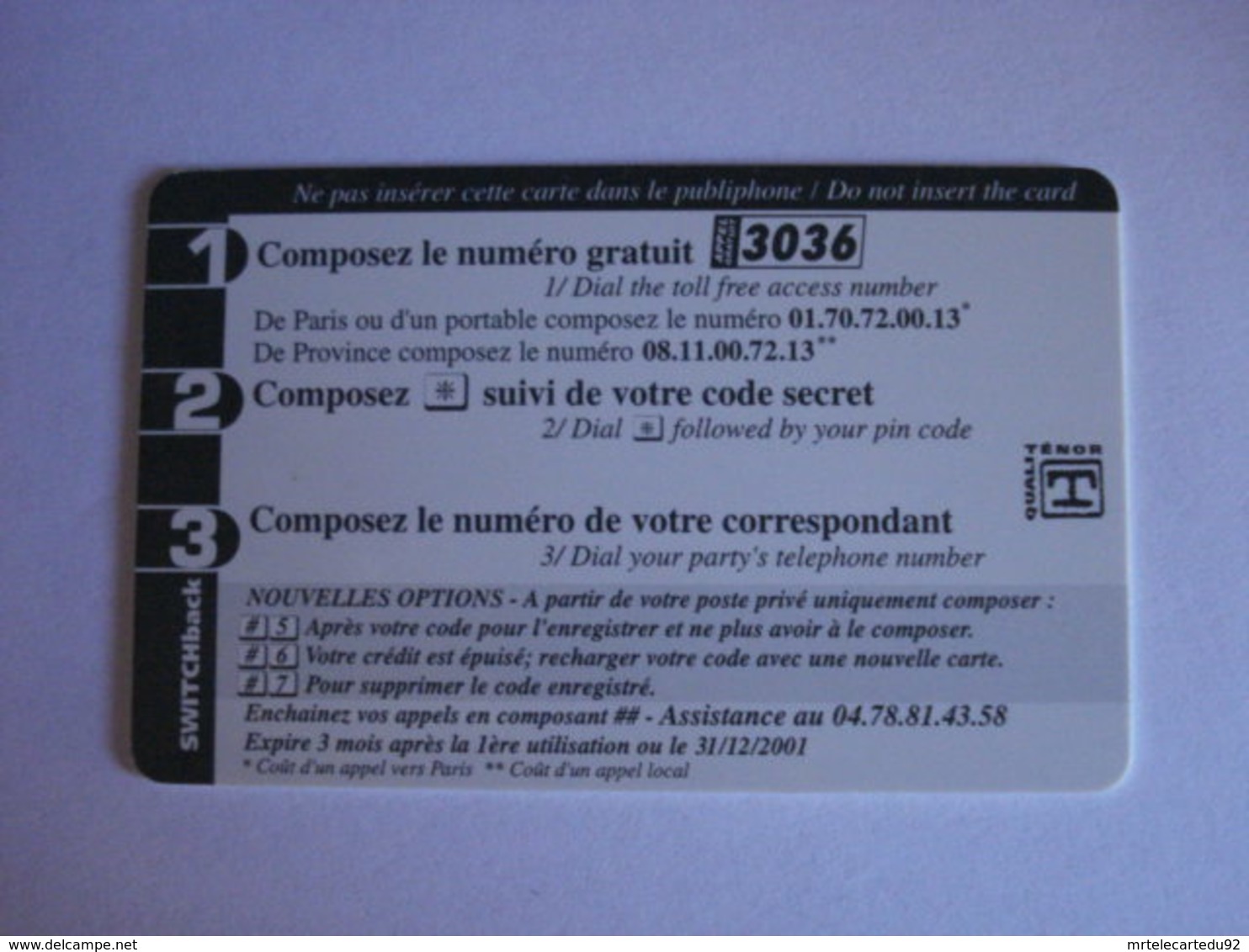 Carte Téléphonique Prépayée SWITCHback (carte D'essai Sans Code). Petit Prix De Départ ! - Per Cellulari (ricariche)