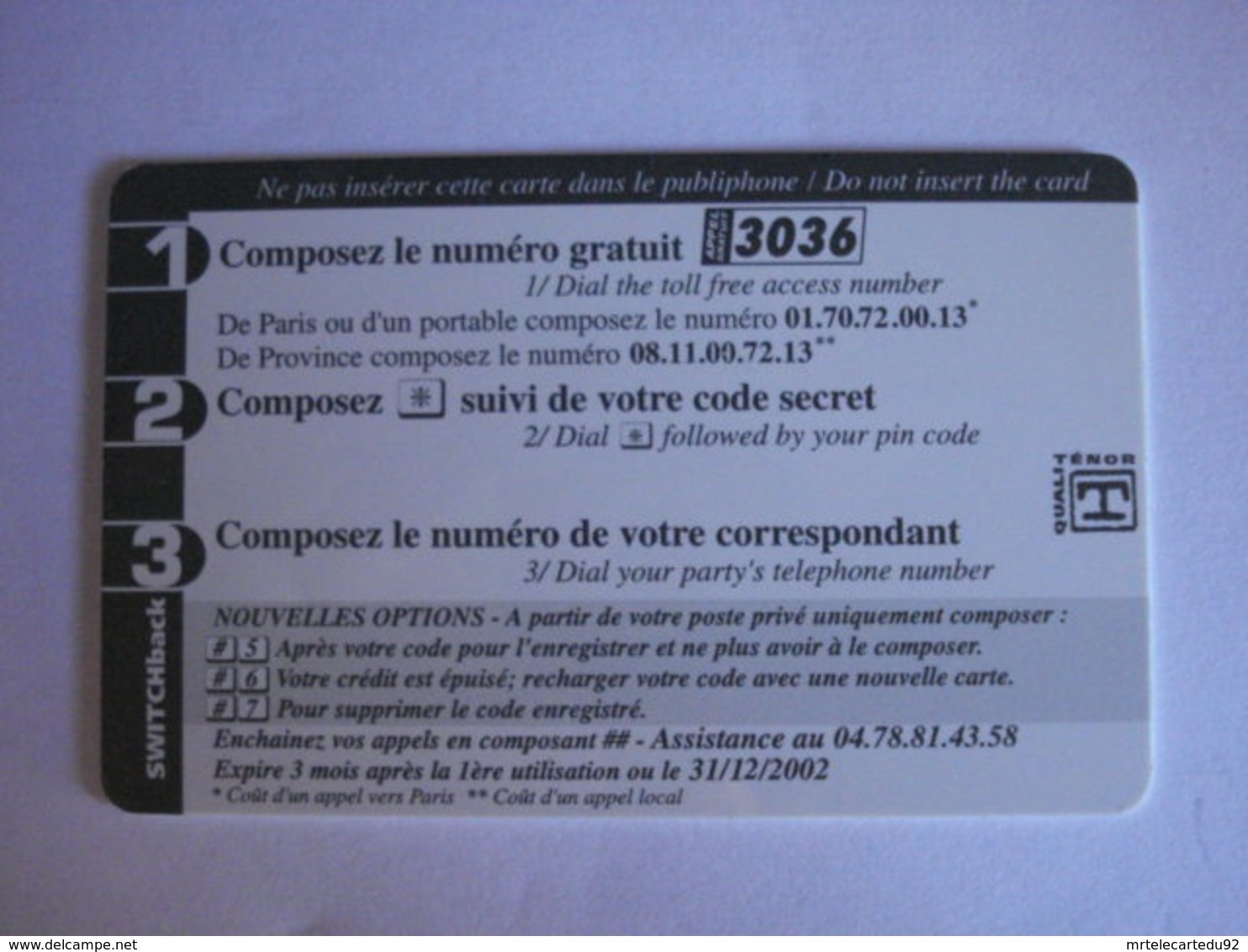 Carte Téléphonique Prépayée SWITCHback (carte D'essai Sans Code). Petit Prix De Départ ! - Per Cellulari (ricariche)