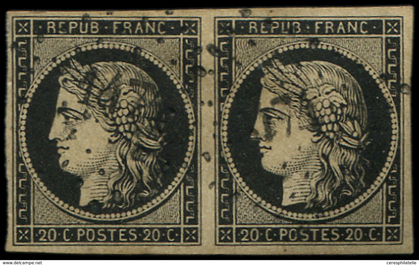 EMISSION DE 1849 - 3    20c. Noir Sur Jaune, PAIRE Obl. PC 1474 De GUINGAMP, Frappes TTB, Certif. JF Brun - 1849-1850 Cérès