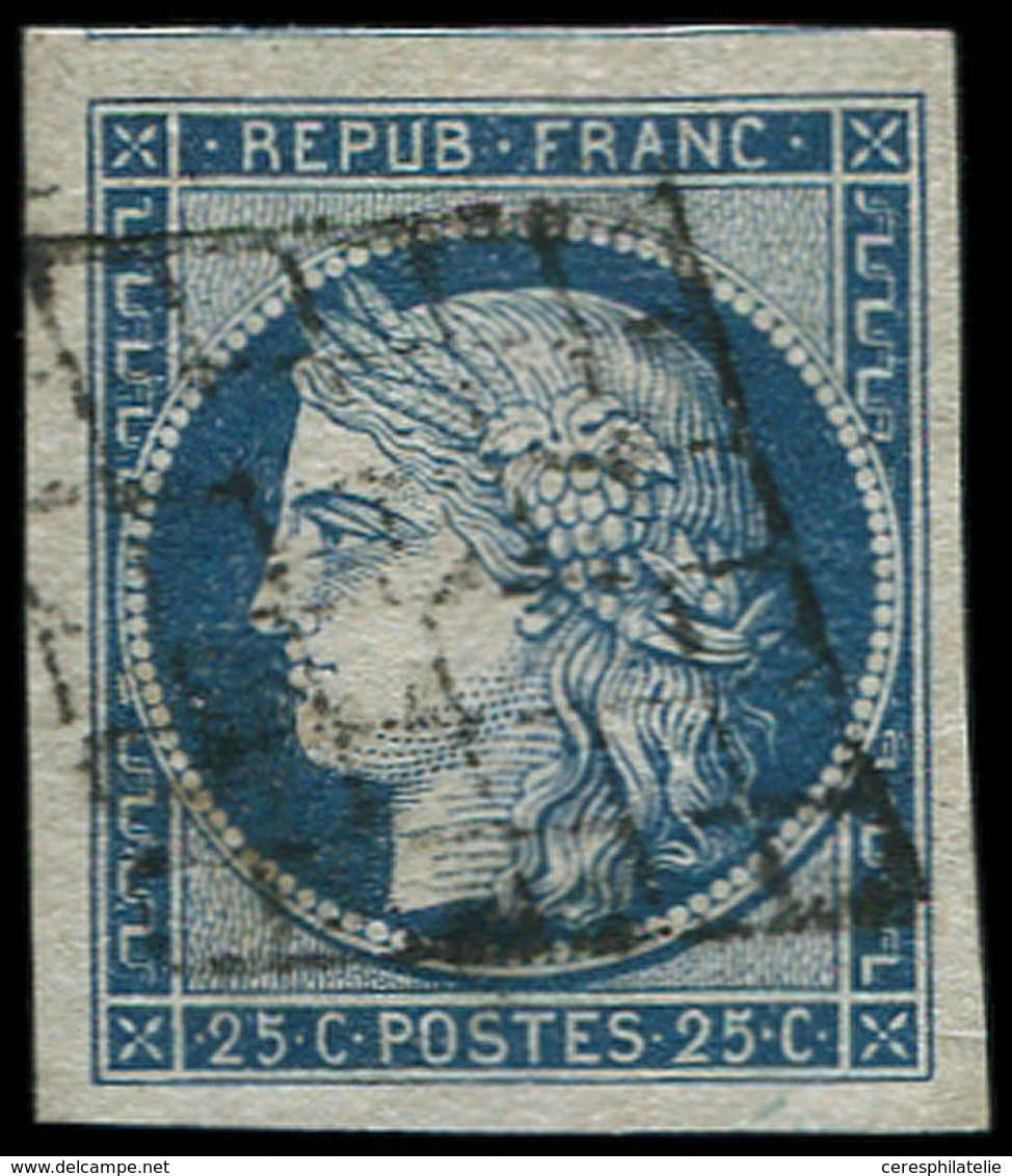 EMISSION DE 1849 - 4    25c. Bleu, 3 Grandes Marges, Filet De Voisin En Haut, Obl. GRILLE, TTB/Superbe - 1849-1850 Ceres