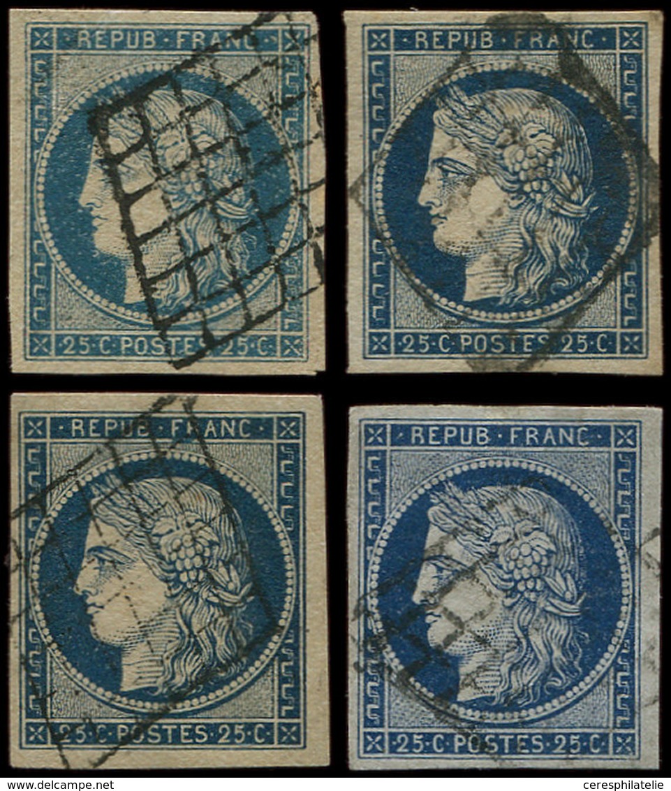 EMISSION DE 1849 - 4    25c. Bleu, 4 Ex. Obl. GRILLE, Ex. Choisis, TB/TTB - 1849-1850 Cérès