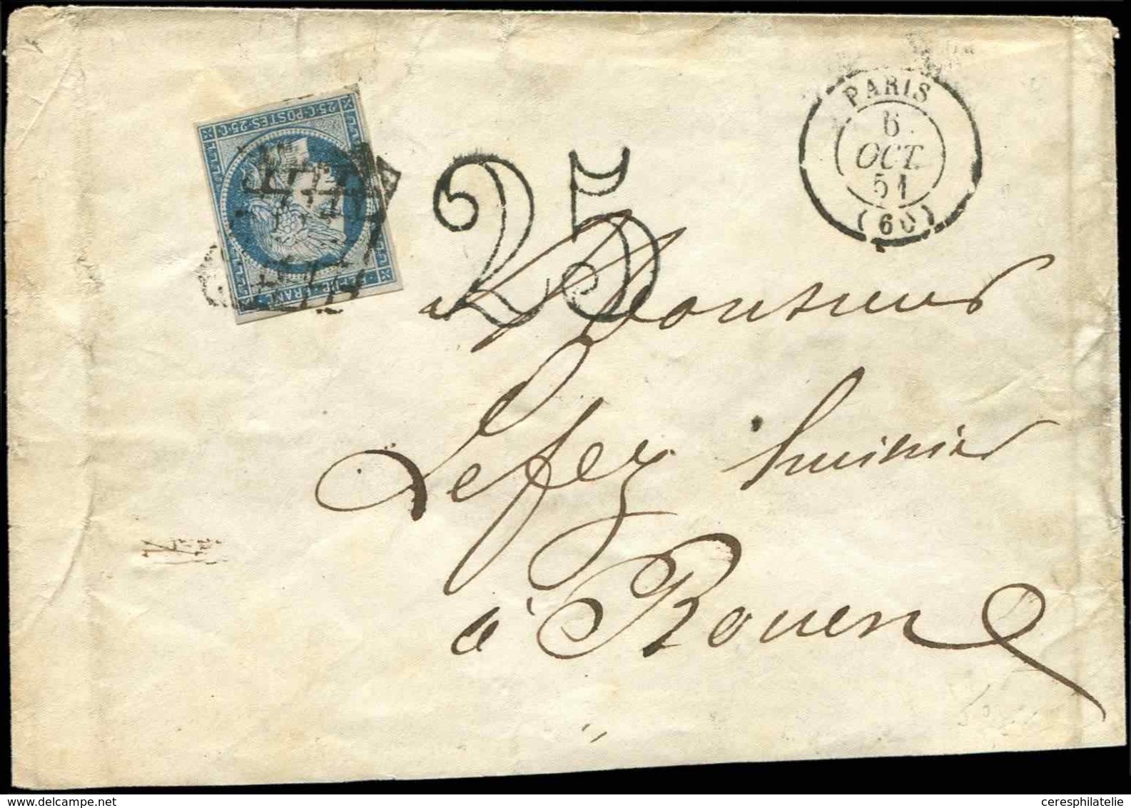 Let EMISSION DE 1849 - 4    25c. Bleu, Obl. GRILLE S. Env., Càd PARIS 6/10/51 Et Taxe 25 DT Pour DOUBLE PORT, TB - 1849-1850 Ceres