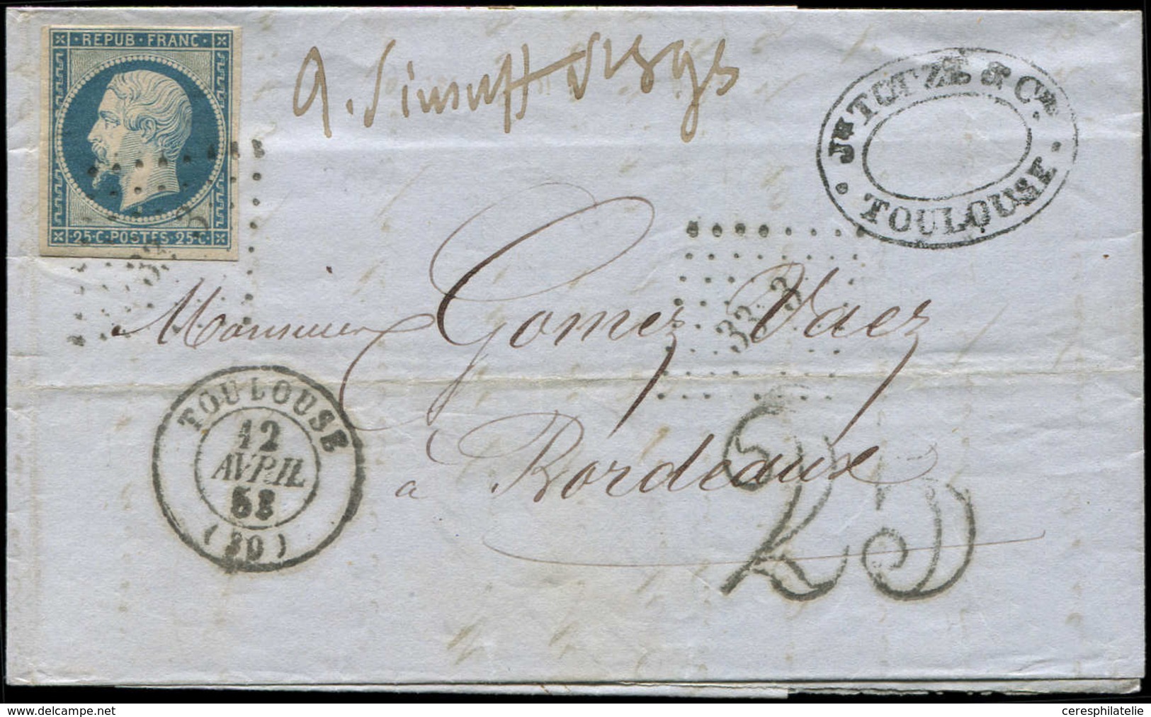 Let PRESIDENCE - 10   25c. Bleu, Obl. PC 3383 S. LAC, Càd T15 TOULOUSE 12/4/53, "affrt Insuff." Et Taxe 25 DT, TB - 1852 Louis-Napoleon