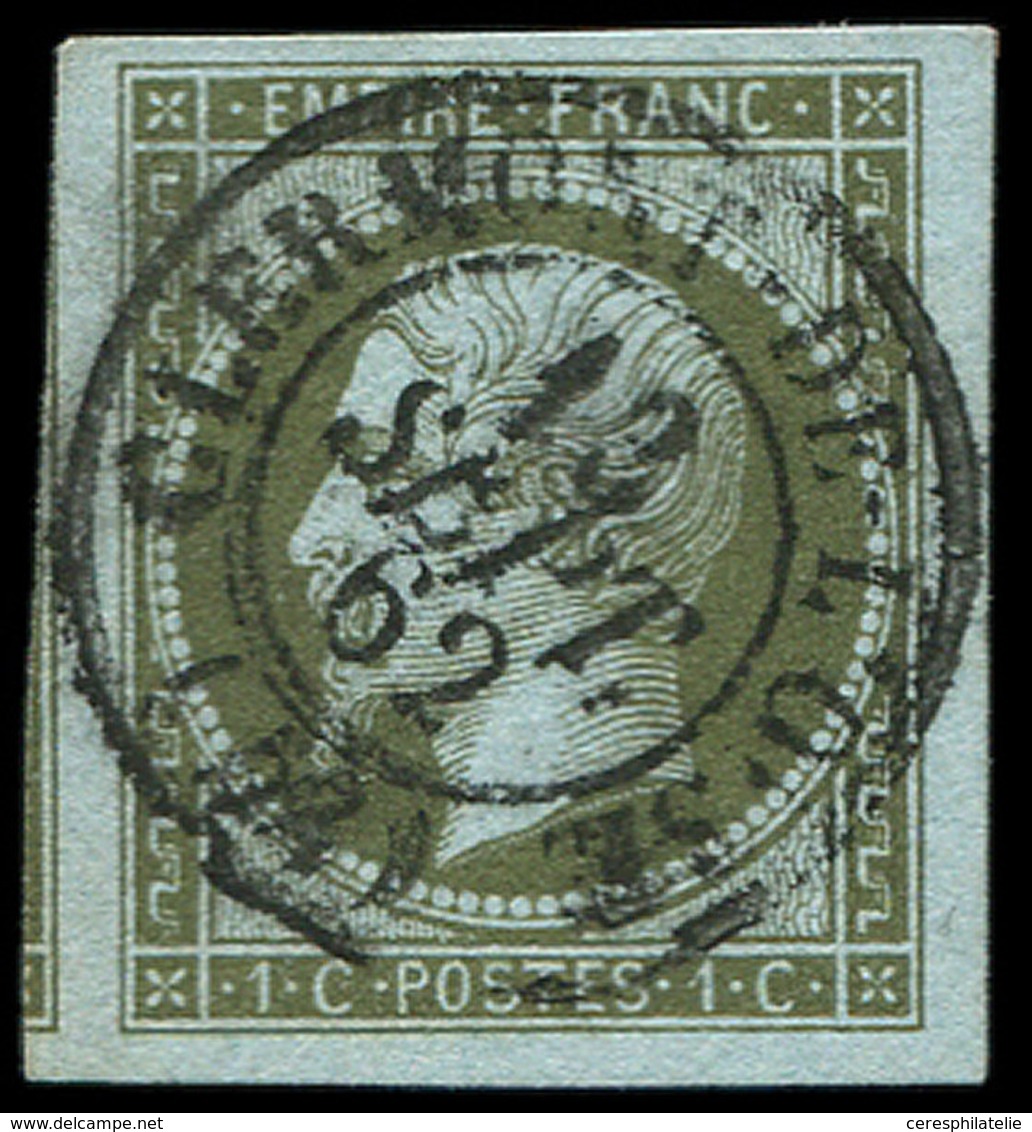 EMPIRE NON DENTELE - 11    1c. Olive, Marges énormes, Obl. Càd T15 CLERMONT De L'OISE 13/9/62, TTB - 1853-1860 Napoleon III