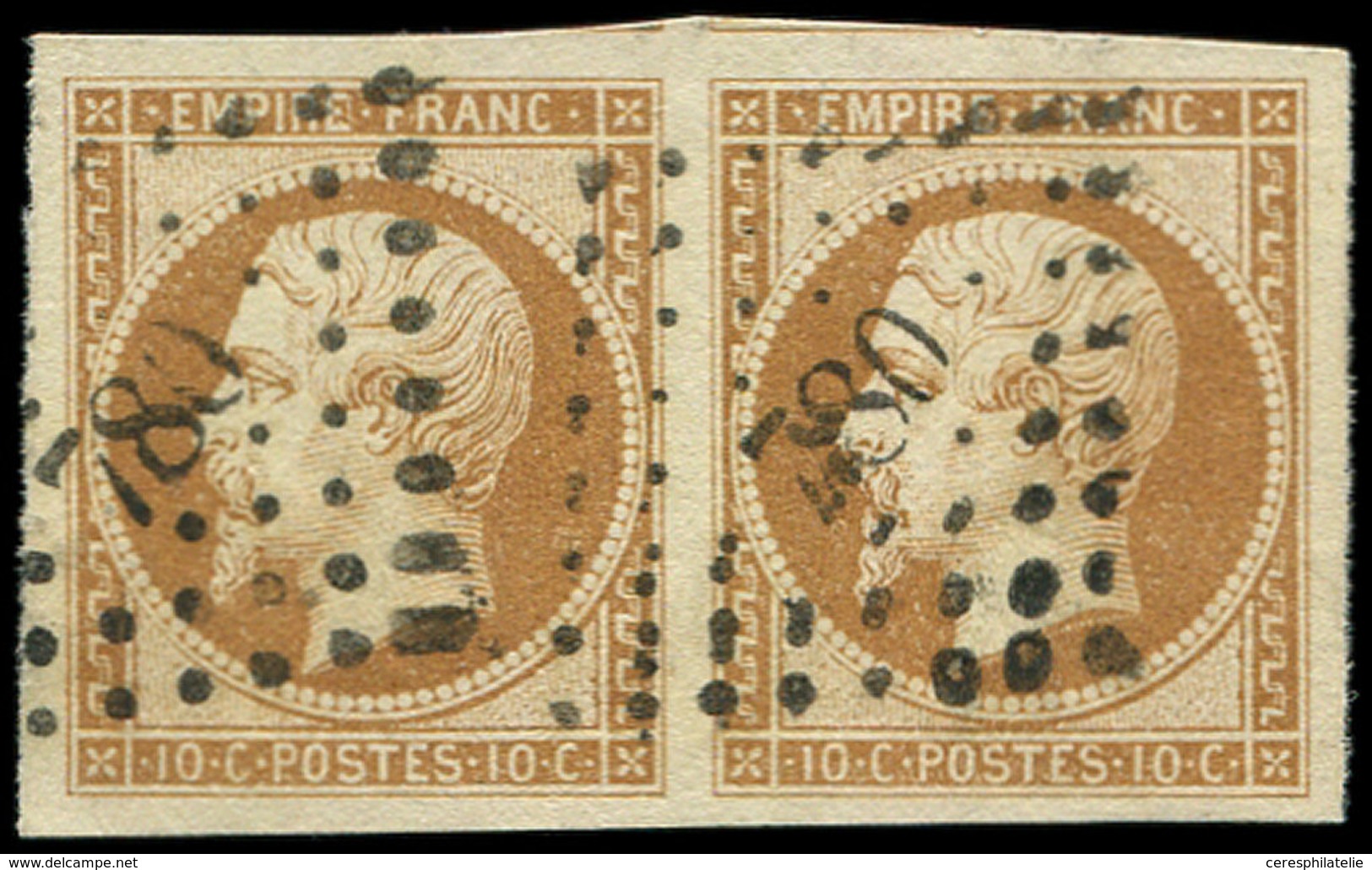 EMPIRE NON DENTELE - 13B  10c. Brun Clair, T II, PAIRE Obl. PC 780, Grandes Marges, TTB - 1853-1860 Napoleon III