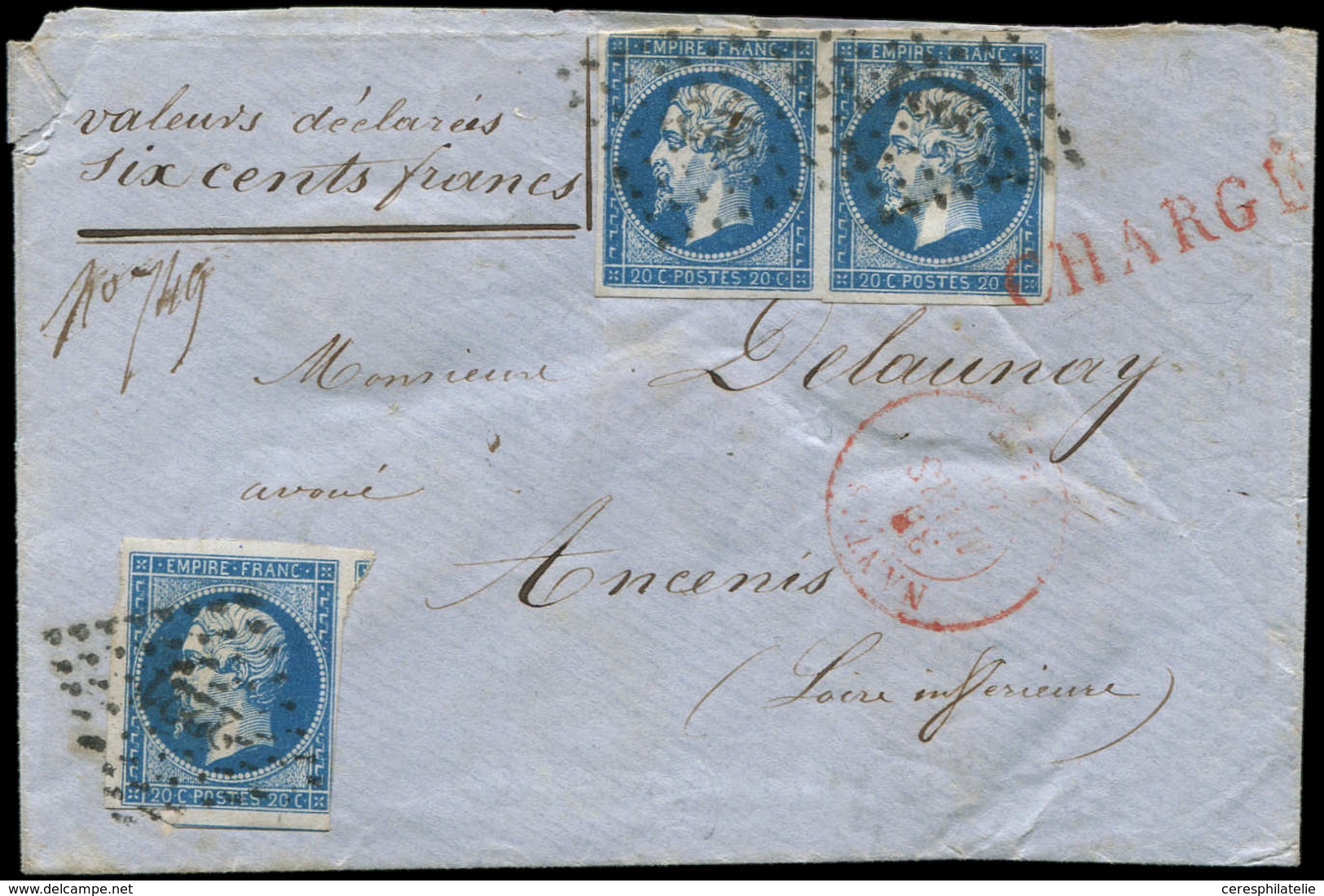 Let EMPIRE NON DENTELE - 14A  20c. Bleu, T I, PAIRE + 1 Ex. Obl. PC 2221 S. Env. CHARGE, Càd T15 NANTES 30/3/60 Et Au Ve - 1853-1860 Napoleon III