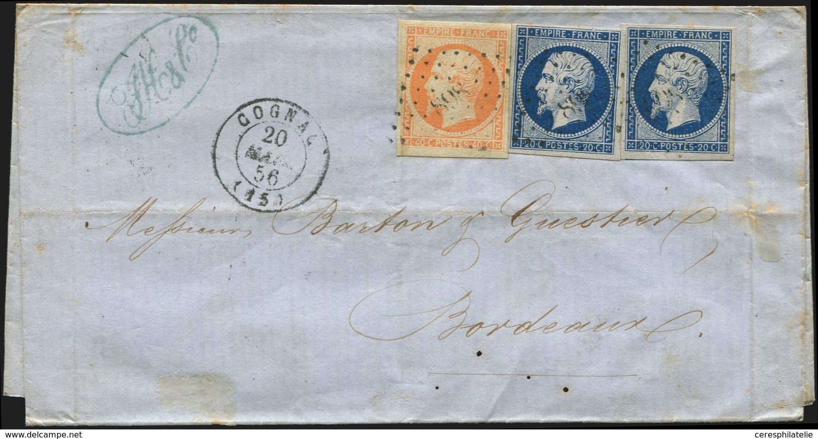 Let EMPIRE NON DENTELE - 14A (2) Et 16, 20c. Et 40c. Obl. PC S. LAC, Càd T15 COGNAC 20/3/56, TB - 1853-1860 Napoleon III