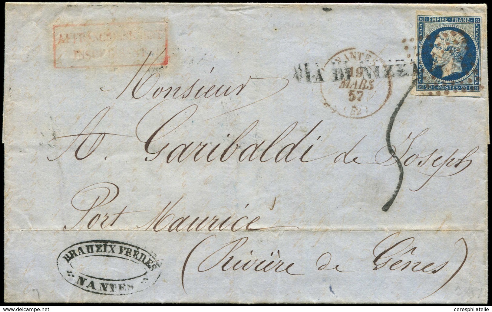 Let EMPIRE NON DENTELE - 14Aa 20c. Bleu Foncé Obl. PC 2221 S. LAC, Càd T15 NANTES 19/3/57, Le Tout En ROUGE, Taxe 5 Pour - 1853-1860 Napoléon III
