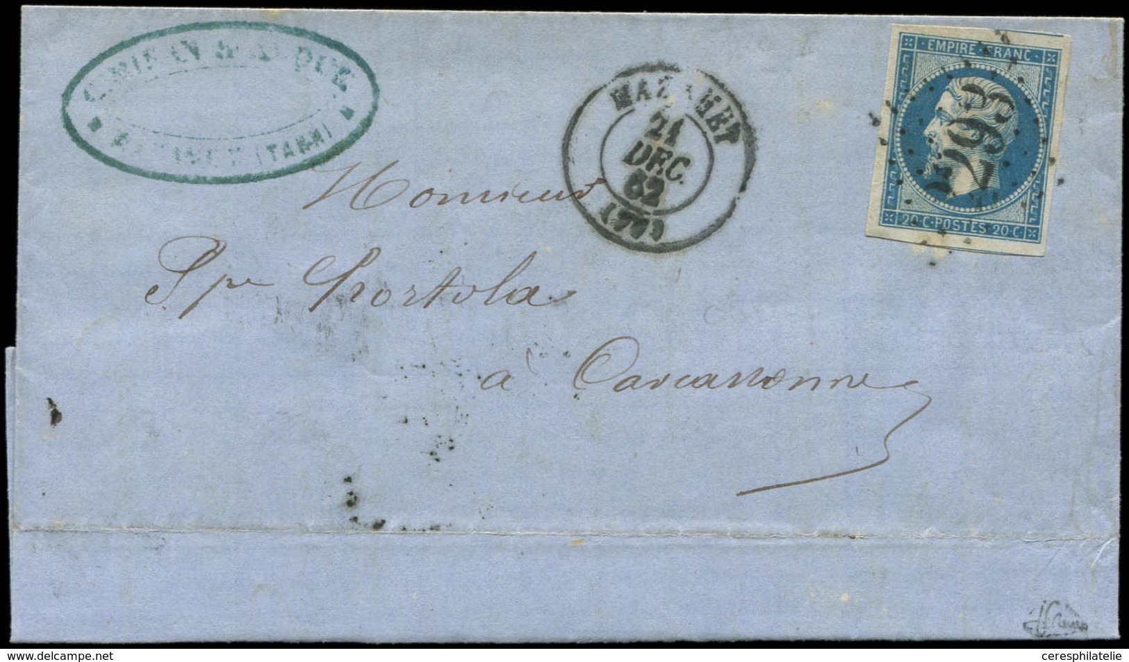 Let EMPIRE NON DENTELE - 14B  20c. Bleu, T II, Obl. GC 2293 S. LAC, Càd T15 MAZAMET 21/12/62, GC PRECOCE, TTB - 1853-1860 Napoleon III