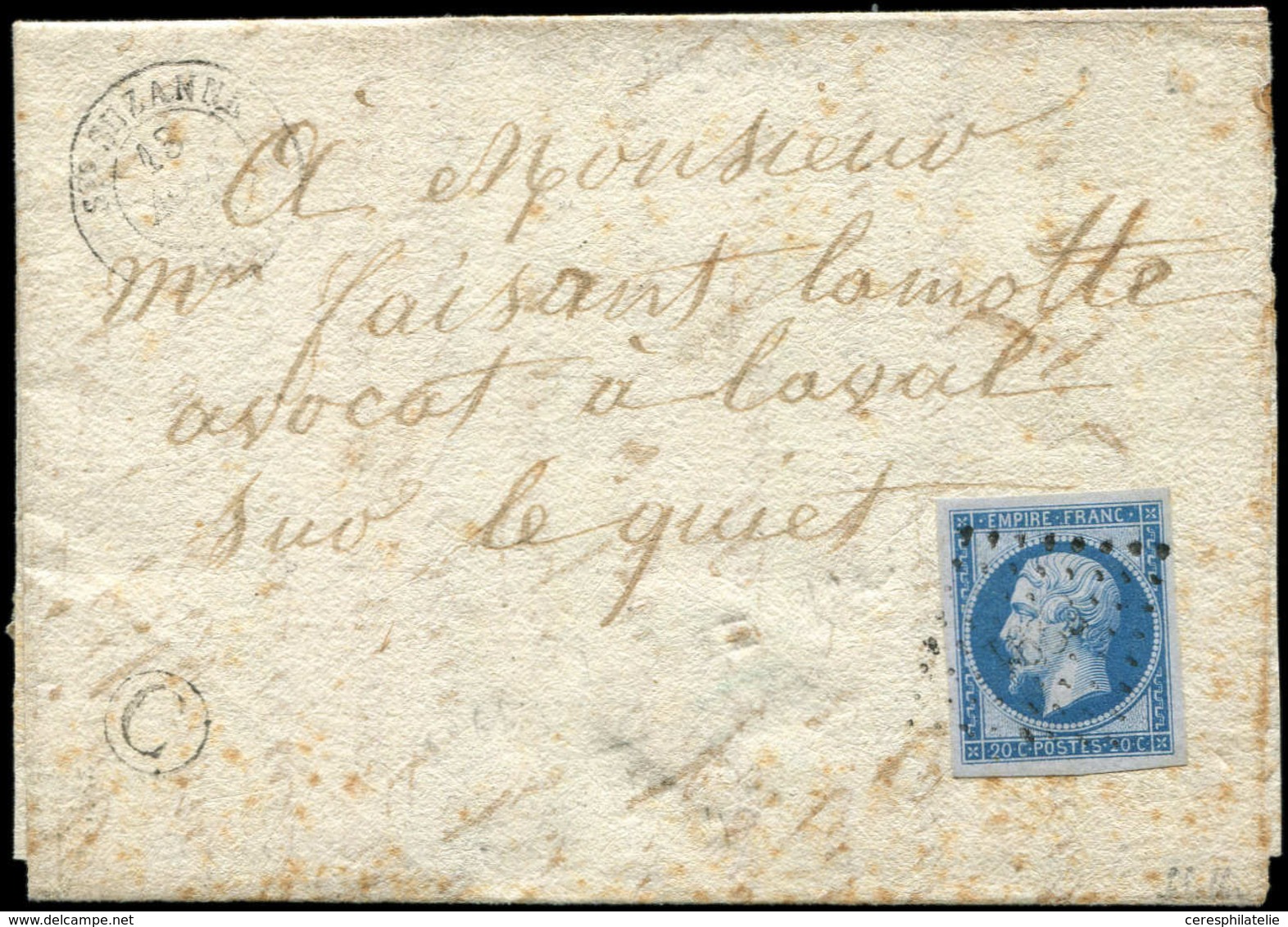 Let EMPIRE NON DENTELE - 14Bb 20c. Bleu Sur LILAS T II Obl. PC 3291 S. LAC, Càd T15 Ste SUZANNE 13/8/61, Boite C, TB, Ce - 1853-1860 Napoléon III