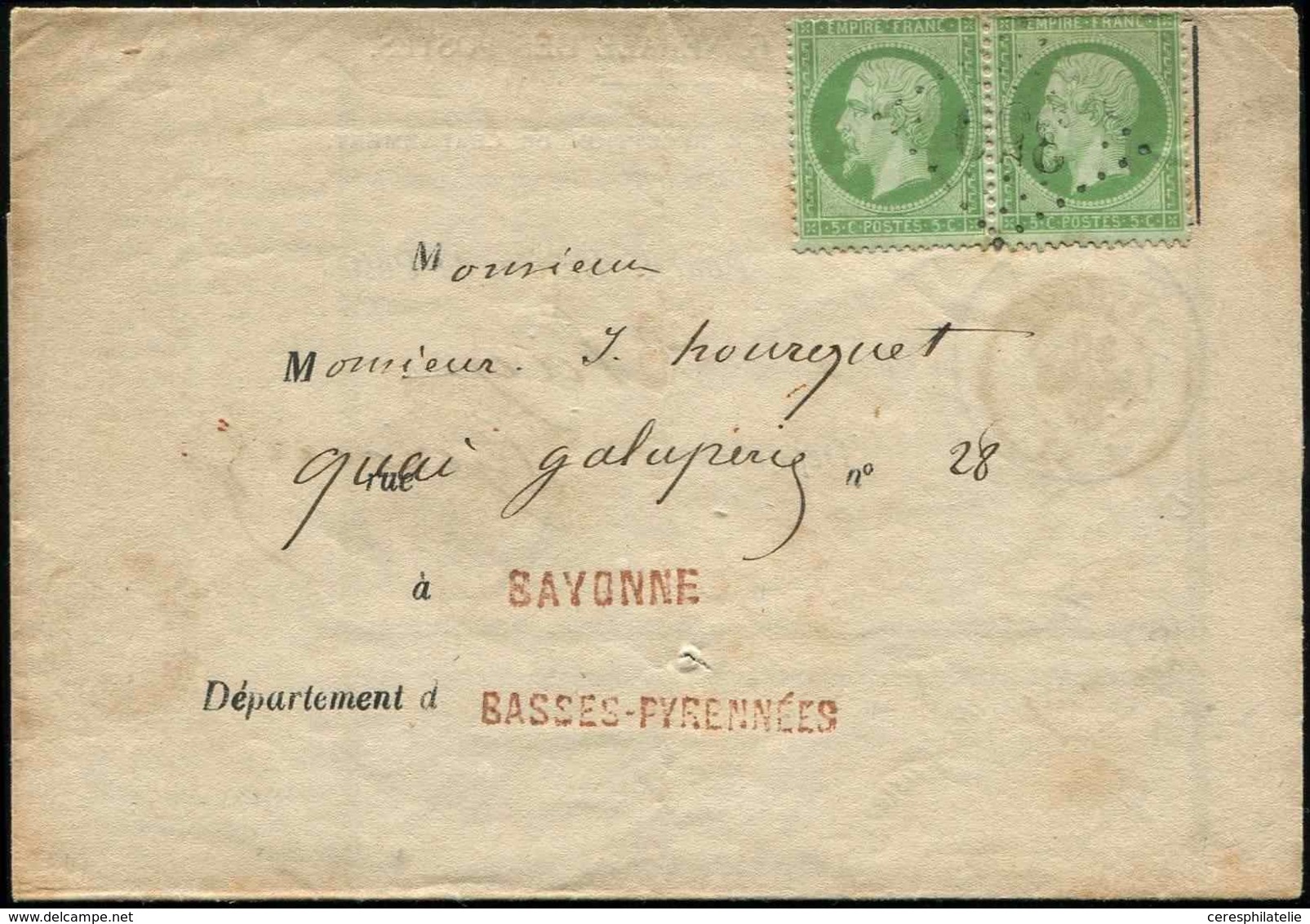 Let EMPIRE DENTELE - 20    5c. Vert, PAIRE Obl. GC 359 S. Avis De Réception De Chargement, BAYONNE 30/3/67, Affrt Peu Co - 1862 Napoleon III