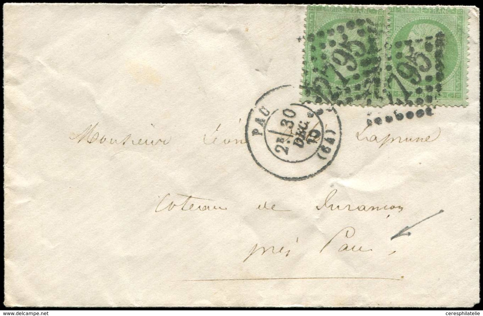 Let EMPIRE DENTELE - 20    5c. Vert (2 Dont 1 Pli) Obl. GC 2795 S. Env., Càd T17 PAU 30/12/70, TB - 1862 Napoléon III