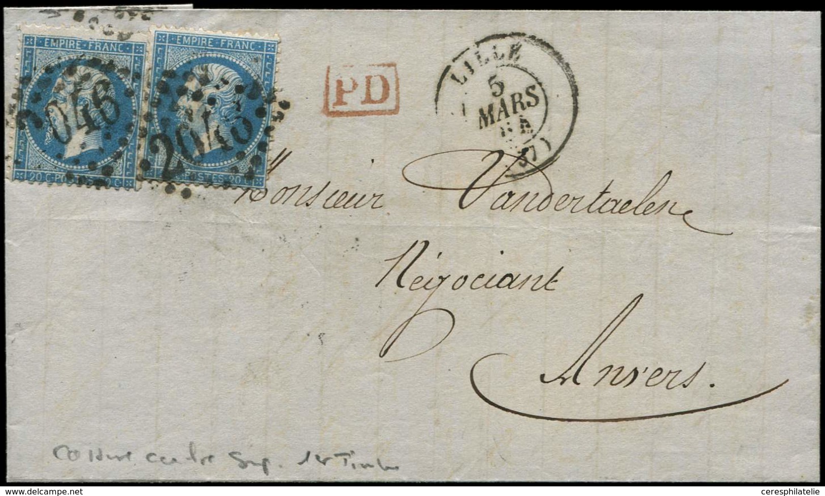 Let EMPIRE DENTELE - 22   20c. Bleu, 2 Ex. (l'un Cassure Cadre Sup.) Obl. GC 2046 S. LAC, Càd T15 LILLE 5/3/64, Arr. ANV - 1862 Napoleon III