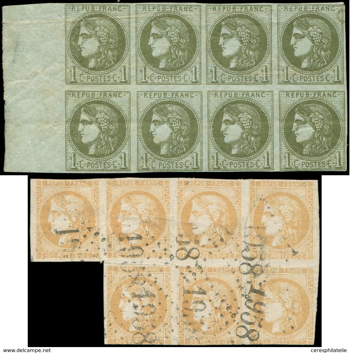 * EMISSION DE BORDEAUX - 39C   1c. Olive, BLOC De 8 Bdf Avec 2 Plis, N°43B BLOC De 7 Obl. GC 2958, Déf. - 1870 Emission De Bordeaux