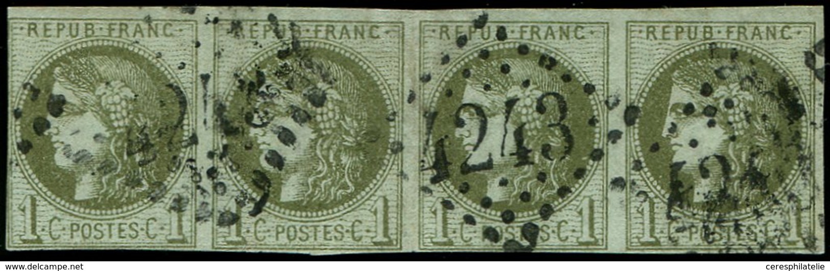 EMISSION DE BORDEAUX - 39C   1c. Olive, R III, BANDE De 4, Petites Marges, Filets Intacts, Obl. GC 4243, TB - 1870 Bordeaux Printing