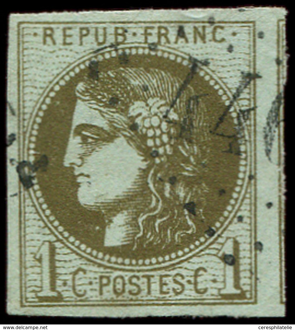 EMISSION DE BORDEAUX - 39Cc  1c. Olive-bronze, R III, Filet De Voisin à Droite, Obl. GC, TTB - 1870 Emission De Bordeaux