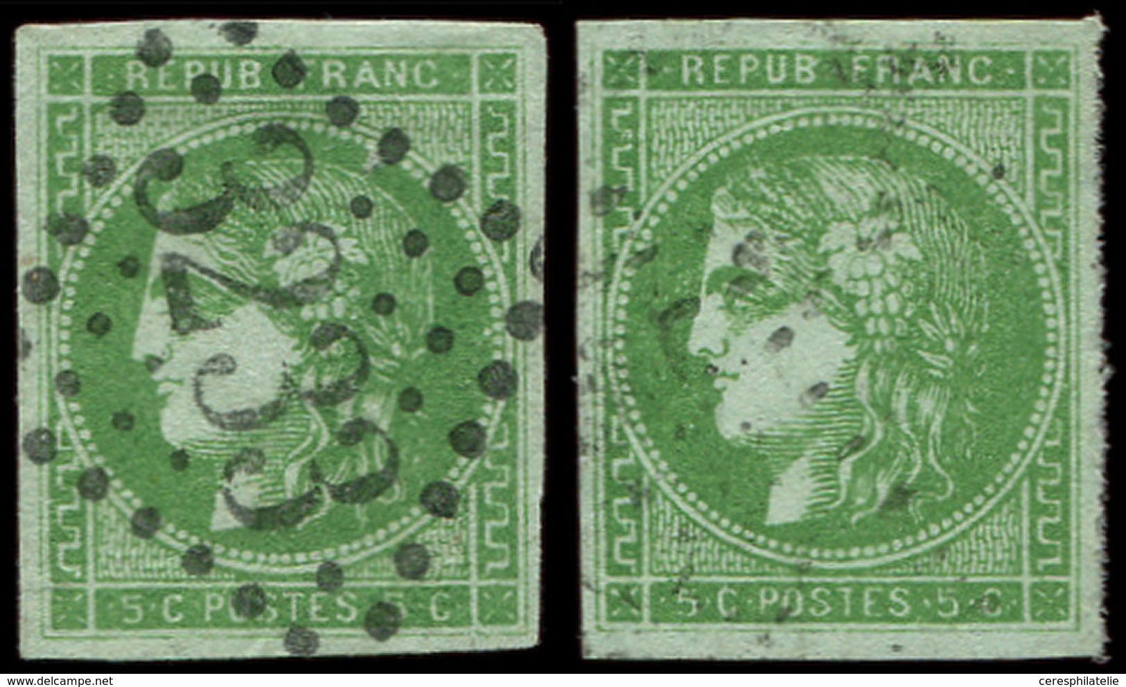 EMISSION DE BORDEAUX - 42B   5c. Vert-jaune, R II, 2 Nuances Obl. GC, TB/TTB - 1870 Bordeaux Printing