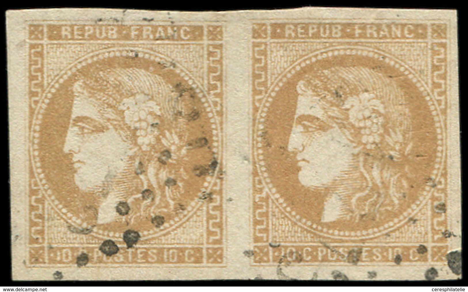 EMISSION DE BORDEAUX - 43A  10c. Bistre, R I PAIRE Obl. GC, Belles Marges, Effigies Dégagées, TTB - 1870 Ausgabe Bordeaux