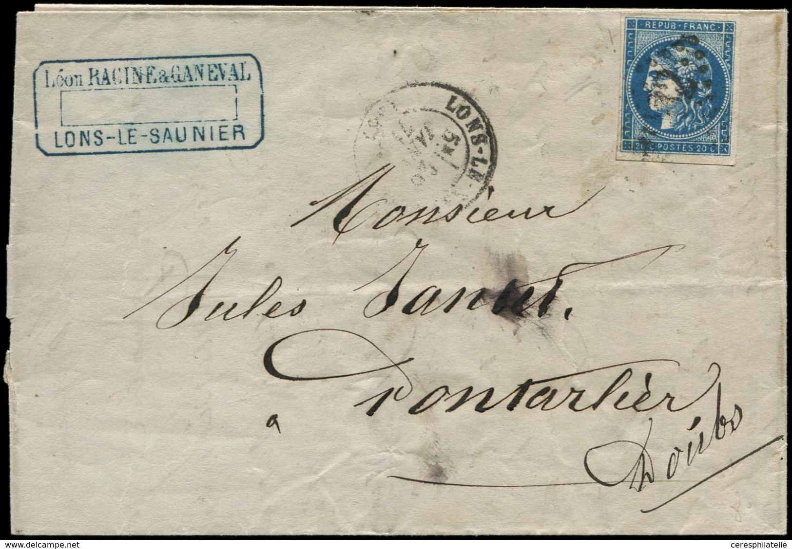 Let EMISSION DE BORDEAUX - 45C  20c. Bleu, T II, R III, Très Jolie Nuance, Obl. GC 2082 S. LAC, Càd T17 LONS-LE-SAUNIER  - 1870 Emission De Bordeaux