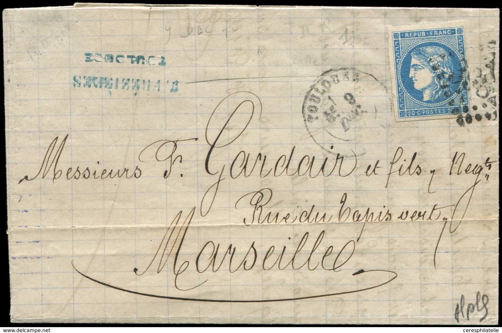 Let EMISSION DE BORDEAUX - 45Ac 20c. Bleu T II, R I, IMPRESSION FINE, Obl. GC 3982 S. LAC, Càd T17 TOULOUSE 9/12/70, TTB - 1870 Ausgabe Bordeaux