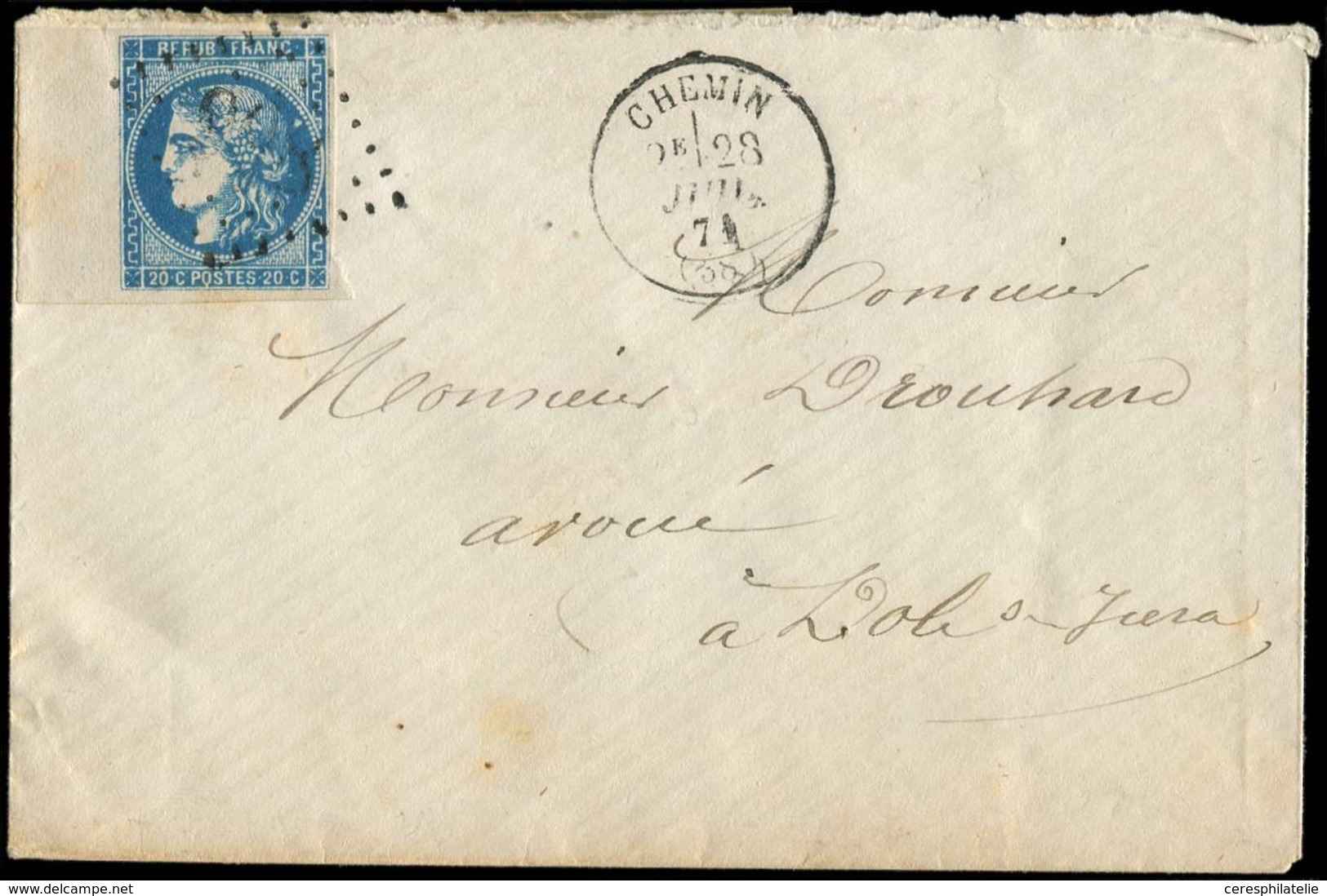 Let EMISSION DE BORDEAUX - 46B  20c. Bleu, T III, R II, GRAND BORD De FEUILLE, Obl. GC 998 S. Env., Càd T16 CHEMIN 28/7/ - 1870 Bordeaux Printing