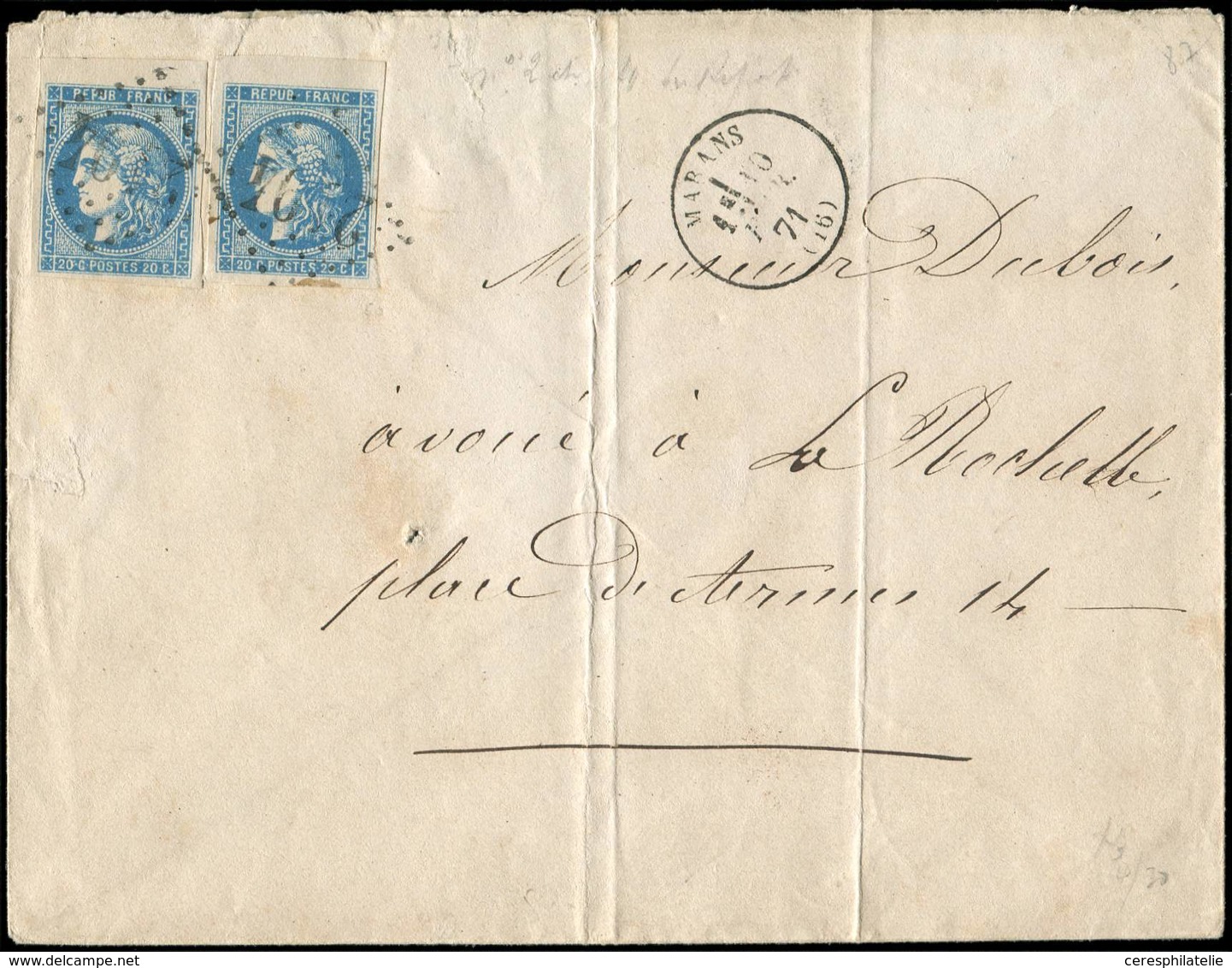 Let EMISSION DE BORDEAUX - 46B  20c. Bleu, T III, R II, 2 Ex. Bdf (Pos. 2 Et 4) Obl. GC 2194 S. Env., Càd T16 MARANS 10/ - 1870 Emisión De Bordeaux