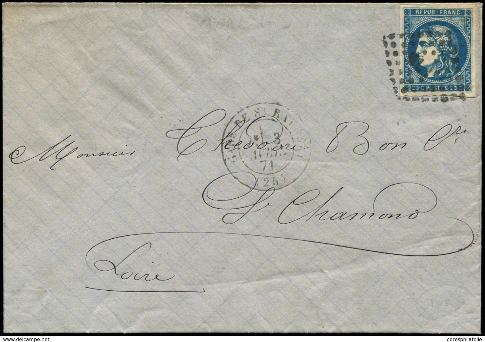 Let EMISSION DE BORDEAUX - 46Ba 20c. Bleu Foncé Nuance EXCEPTIONNELLE, T III R II, Obl. Amb. S. LAC Repliée Pour Créer U - 1870 Emisión De Bordeaux