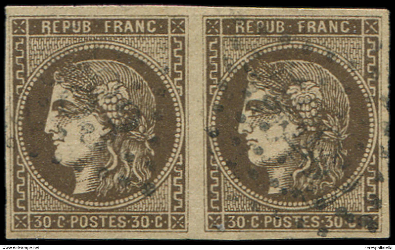 EMISSION DE BORDEAUX - 47e  30c. Brun, Nuance Foncée, R RELIE Au Cadre Dans Une PAIRE, Obl., TTB - 1870 Emisión De Bordeaux