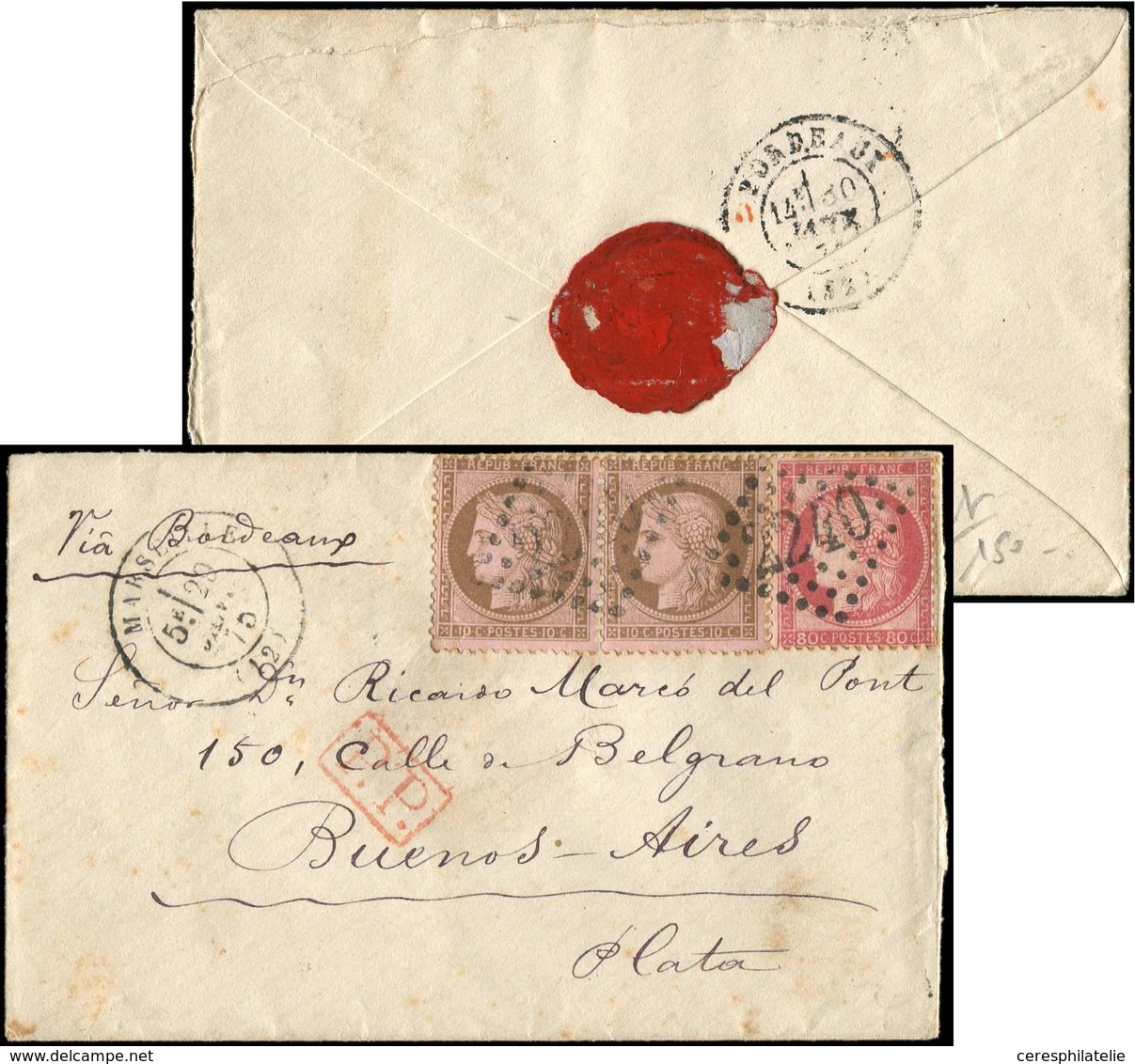 Let CERES DENTELE - 57 Et 58, 80c. Rose Et 10c. Brun S. Rose PAIRE, Obl. GC 2240 S. Env., Càd Marseille 29/1/75 Pour BUE - 1871-1875 Ceres