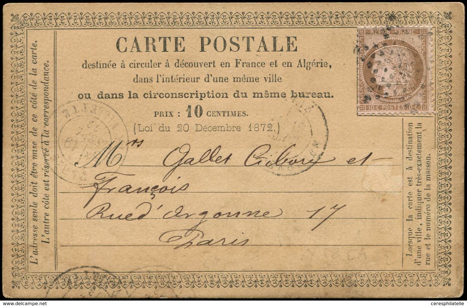 Let CERES DENTELE - 58   10c. Brun Sur Rose, Lettres C Et A Entrelacées Obl. Etoile S. CP La Villette 9/73, TB - 1871-1875 Cérès