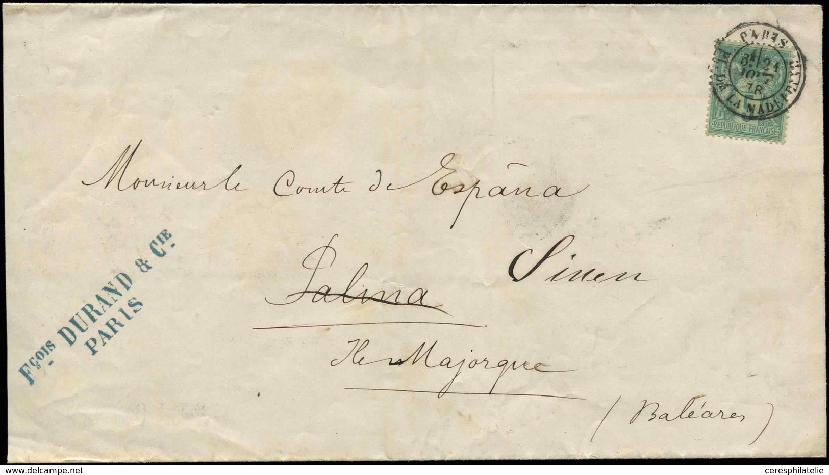 Let TYPE SAGE SUR LETTRES - N°75 5c. Vert Obl. Càd Pl. De La Madeleine, Seul Sur LSC Pour PALMA BALEARES, TB - 1877-1920: Semi Modern Period