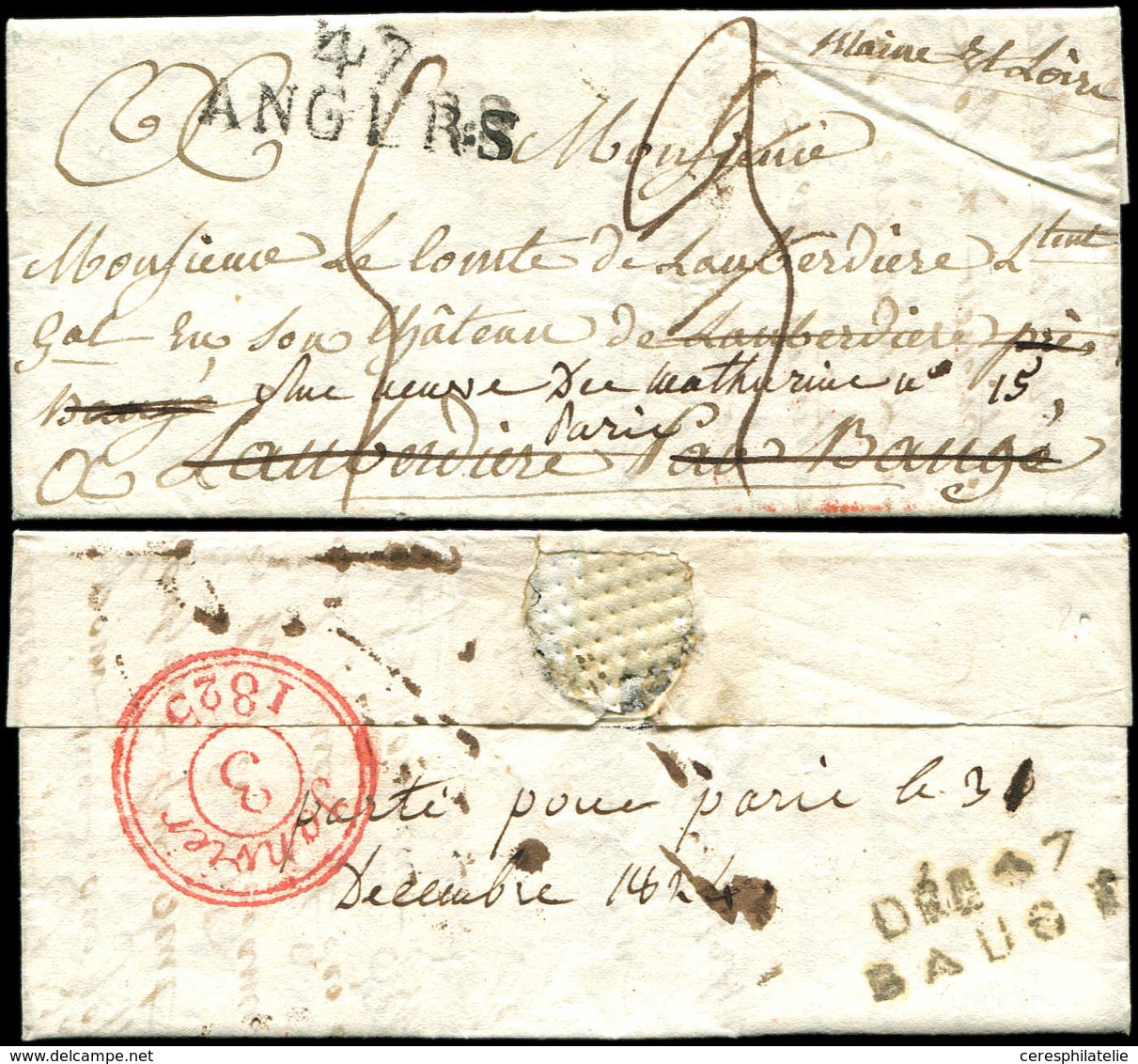 Let OBLITERATIONS PAR DEPARTEMENTS - 47/MAINE & LOIRE DEB 47/BAUGE S. LAC, Dateur Rouge Janvier/3/1825, TTB - 1849-1876: Classic Period