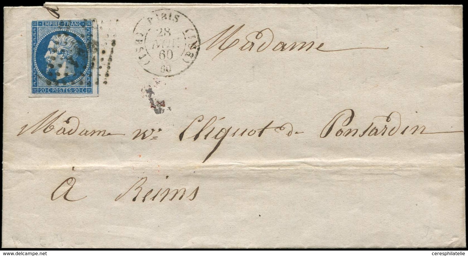 Let LETTRES DE PARIS - N°14A Obl. Los. BS1 S. LAC, Càd T1510 (BS1) PARIS 28/11/60, TB - 1849-1876: Classic Period