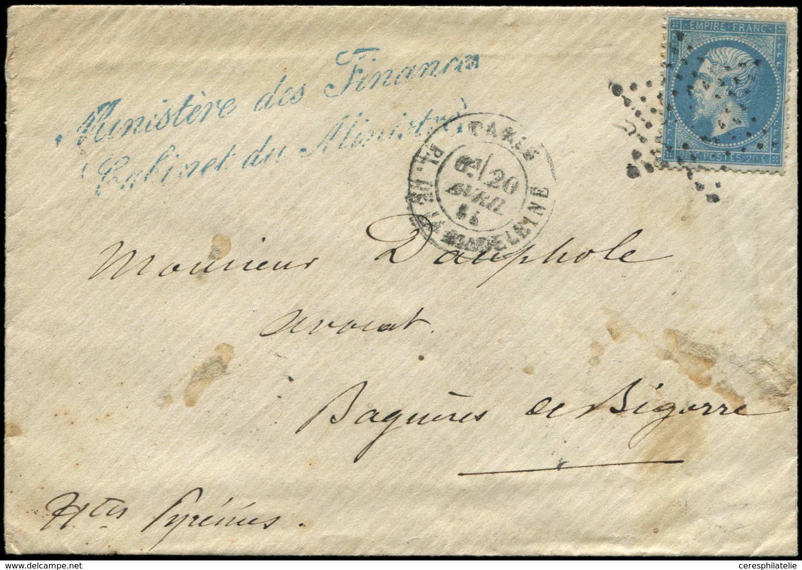 Let LETTRES DE PARIS - N°22 Obl. ETOILE EVIDEE S. Env., Càd Pl. De La Madeleine 20/4/65 Et Griffe Ministère Des Finances - 1849-1876: Période Classique