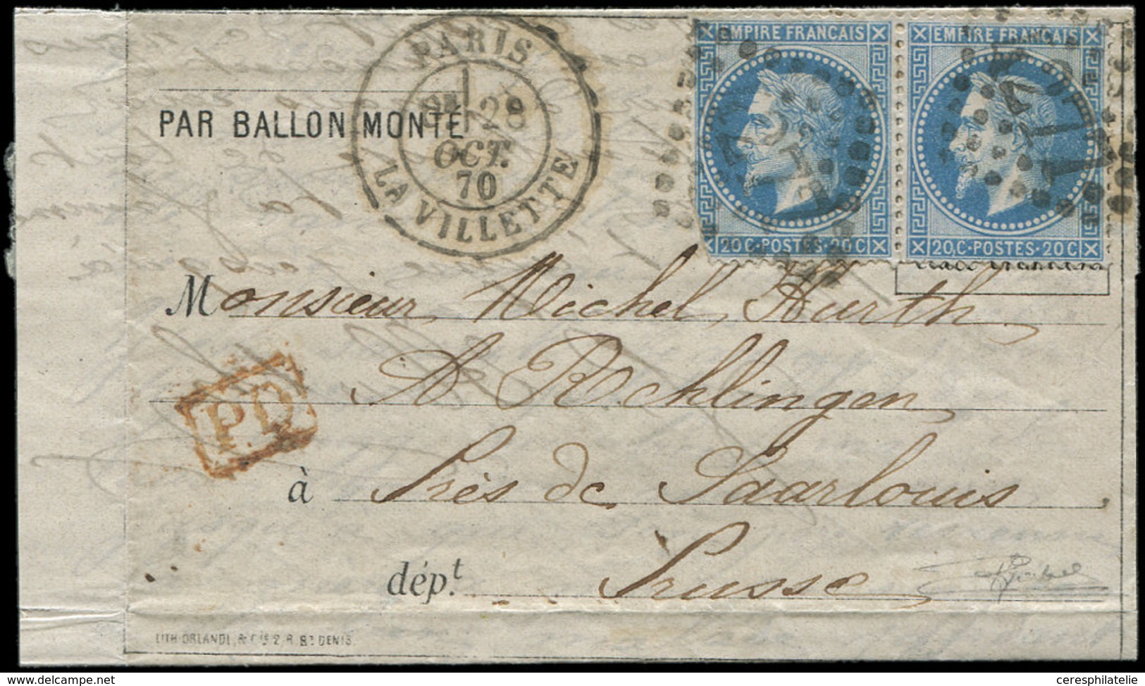 Let BALLONS MONTES - N°29B PAIRE (1 Ex. Déf.) Obl. GC 4277 S. LAC Formule ORLANDI Papier Gris, Càd LA VILLETTE 28/10/70, - Guerra De 1870