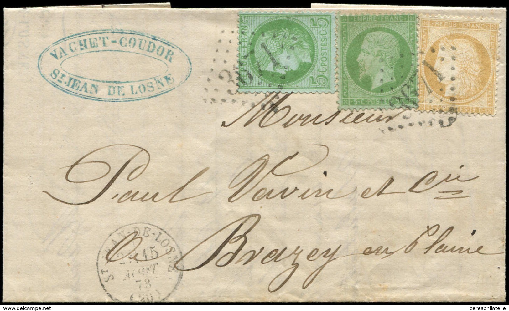 Let AFFRANCHISSEMENTS ET COMBINAISONS - N°20, 53 Et 59 Obl. GC 3671 S. LAC, Càd T16 St JEAN-DE-LOSNE 15/8/73, TRICOLORE  - 1849-1876: Classic Period