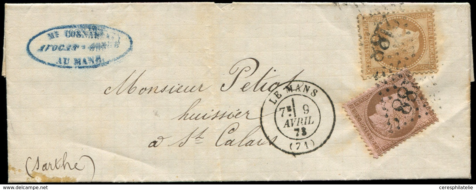 Let AFFRANCHISSEMENTS ET COMBINAISONS - N°28B Et 58, Obl. GC 2188 S. LAC, Càd T17 LE MANS 9/4/73, Affrt à 20c. NON TAXE, - 1849-1876: Période Classique