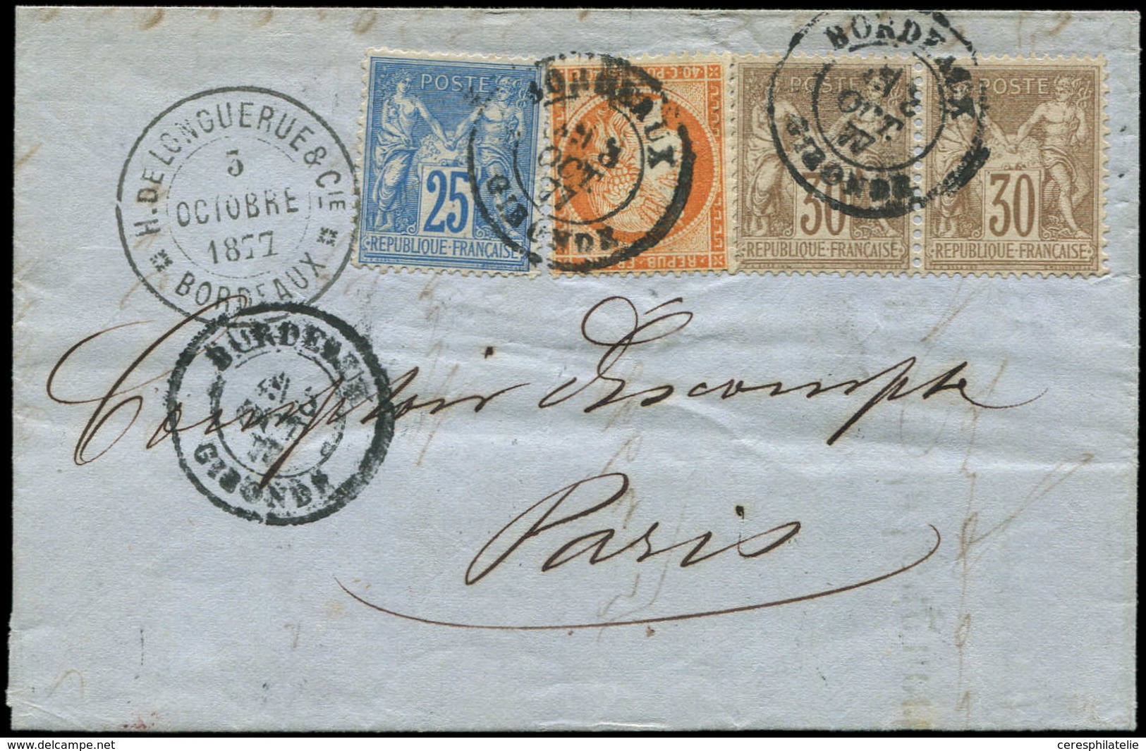 Let AFFRANCHISSEMENTS ET COMBINAISONS - N°38, 69 PAIRE Et 79 Obl. Càd BORDEAUX 8/10/77 S. LAC, TRICOLORE TB - 1849-1876: Classic Period