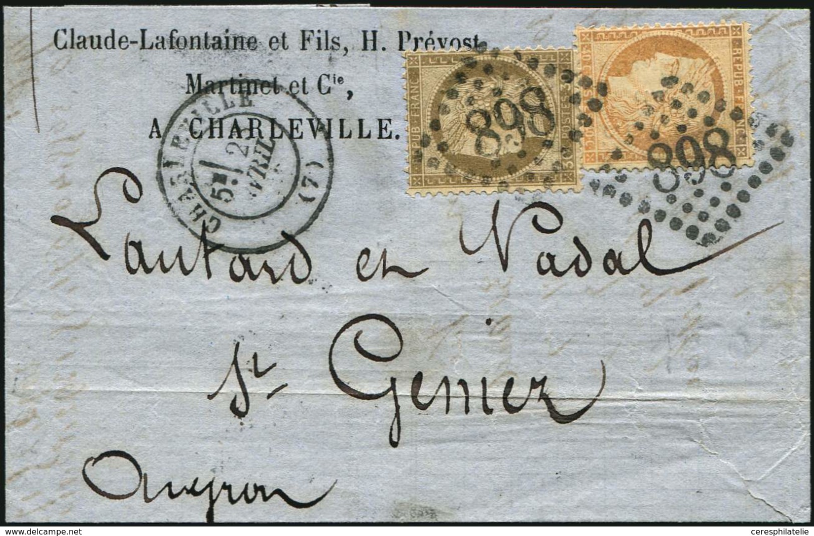 Let AFFRANCHISSEMENTS ET COMBINAISONS - N°38 Et 56 Claude Lafontaine Au Verso, Obl. GC 898 S. LAC, Càd T17 CHARLEVILLE 2 - 1849-1876: Période Classique