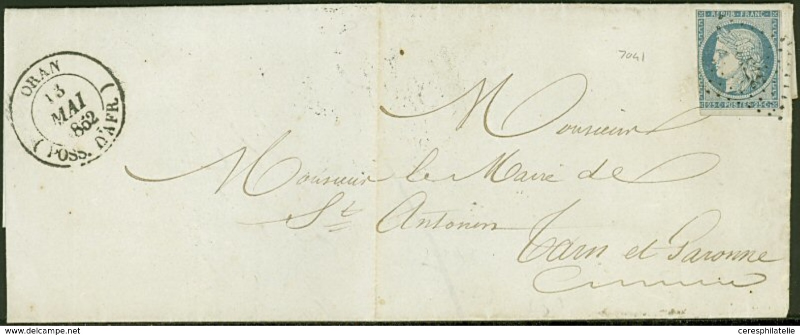 Let LETTRES ET OBLITERATIONS D'ALGERIE - N°4 Entamé, Obl. PC 3732 S. LAC, Càd T14 ORAN (POSS. D'AFR.) 13/5/52, Frappes T - 1849-1876: Période Classique