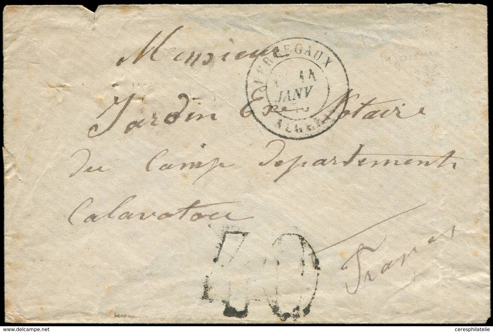 Let LETTRES ET OBLITERATIONS D'ALGERIE - Càd PERREGAUX 14/1/76 S. Env., Taxe 40 Tampon, Indice Du GC 23, Arr. Caen, TB - 1849-1876: Classic Period