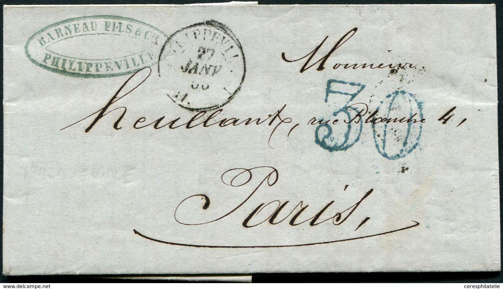 Let LETTRES ET OBLITERATIONS D'ALGERIE - Càd PHILIPPEVILLE ALGERIE 27/1/56 S. LAC, Taxe 30 Bleue Double Trait, TB - 1849-1876: Classic Period