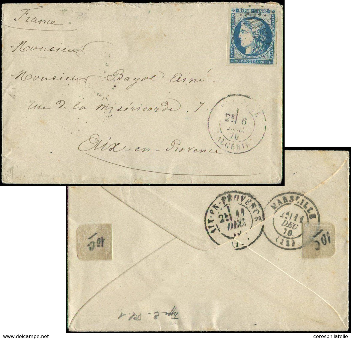 Let LETTRES ET OBLITERATIONS D'ALGERIE - N°45A Imp. Fine, Obl. GC 5058 Sur Env., Càd RELIZANE 6/12/70, TTB - 1849-1876: Classic Period